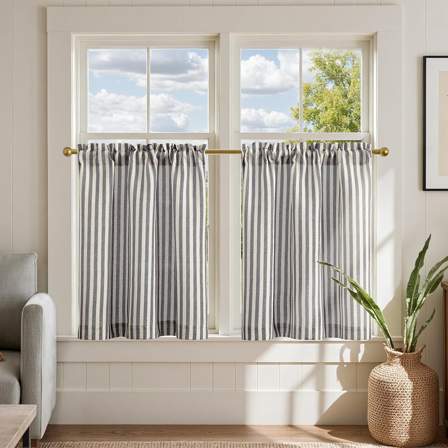 jinchan Linen Kitchen Curtains 24 Inch Length Striped Tier Curtains Ticking Stripe Small Drapes for Living Room Bathroom Cafe Small Window Farmhouse Rustic Pinstripe Rod Pocket 2 Panels Black